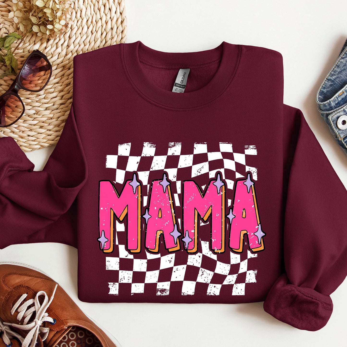 Mama, Checkered, Vibrant, Retro, Vintage Sweatshirt